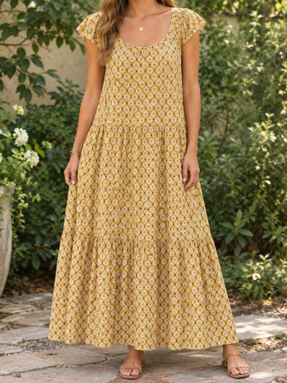 Knox Rose Yellow Floral Tiered Maxi Dress Pockets Boho Cottagecore Prairie L